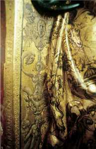 Pintura a pincel sobre oro: Máscara. Capa de San Ambrosio.
